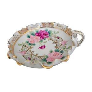 Vintage Japanese Porcelain Hand Painted Pink Roses Trinket Dish Gold Gilt Ruffle